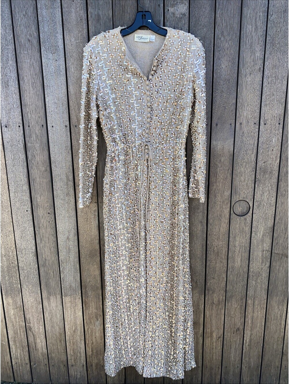 Vtg 1970s Lee Jordan New York Full Sequin Maxi Dress Gown Long Sleeve Disco 10